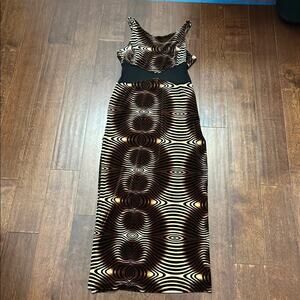 Vintage Sharon Y2K 90s Psychedelic Brown Patterned Maxi Dress, Size Small